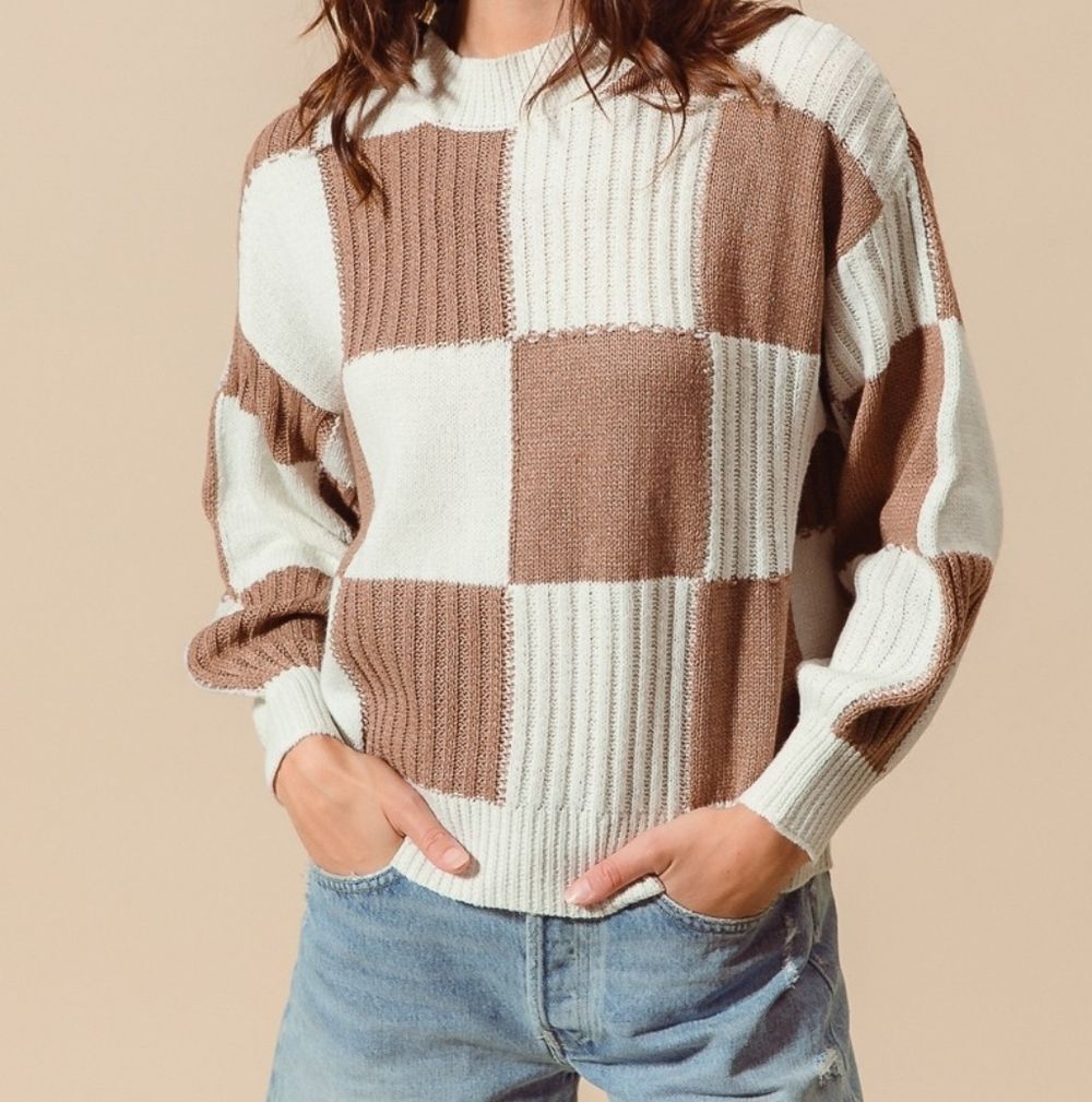 SO ME Ribbed Checker Sweater - Coffee & Ivory Knit Top sz Large